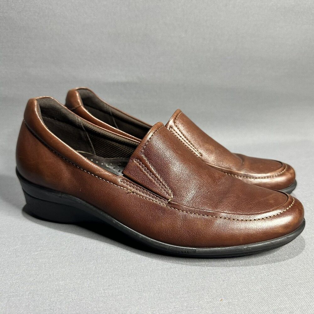 Ecco Leather Wedge Loafers Women's Size 39 US 8-8.5 Chestnut Shock Point Comfort